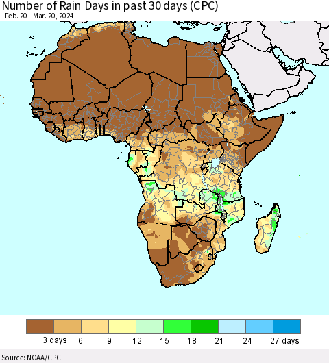 Africa Number of Rain Days in past 30 days (CPC) Thematic Map For 3/16/2024 - 3/20/2024