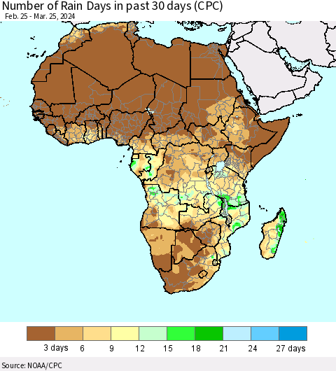 Africa Number of Rain Days in past 30 days (CPC) Thematic Map For 3/21/2024 - 3/25/2024