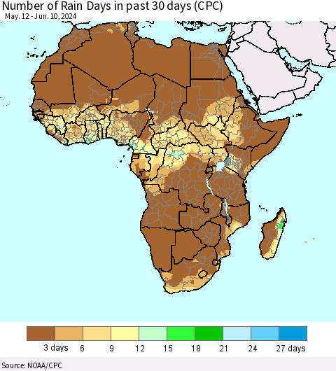 Africa Number of Rain Days in past 30 days (CPC) Thematic Map For 6/6/2024 - 6/10/2024