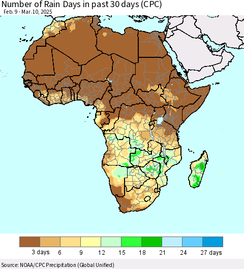 Africa Number of Rain Days in past 30 days (CPC) Thematic Map For 3/6/2025 - 3/10/2025