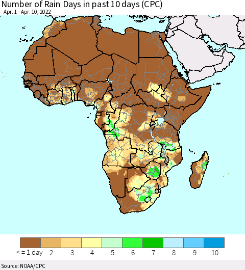 Africa Number of Rain Days in past 10 days (CPC) Thematic Map For 4/6/2022 - 4/10/2022