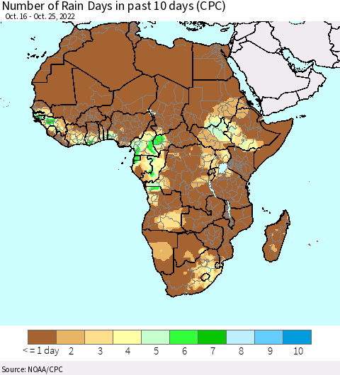 Africa Number of Rain Days in past 10 days (CPC) Thematic Map For 10/21/2022 - 10/25/2022