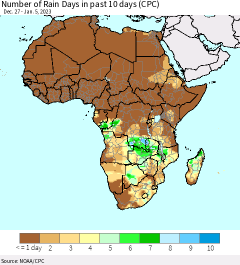Africa Number of Rain Days in past 10 days (CPC) Thematic Map For 1/1/2023 - 1/5/2023