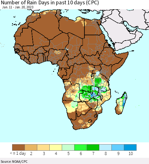 Africa Number of Rain Days in past 10 days (CPC) Thematic Map For 1/16/2023 - 1/20/2023