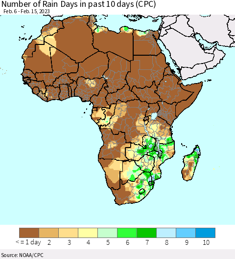 Africa Number of Rain Days in past 10 days (CPC) Thematic Map For 2/11/2023 - 2/15/2023