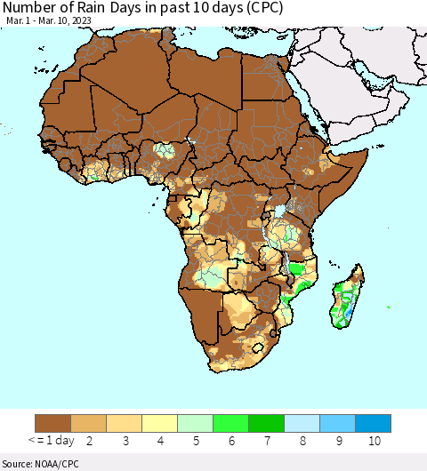 Africa Number of Rain Days in past 10 days (CPC) Thematic Map For 3/6/2023 - 3/10/2023