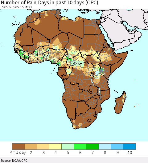 Africa Number of Rain Days in past 10 days (CPC) Thematic Map For 9/11/2023 - 9/15/2023