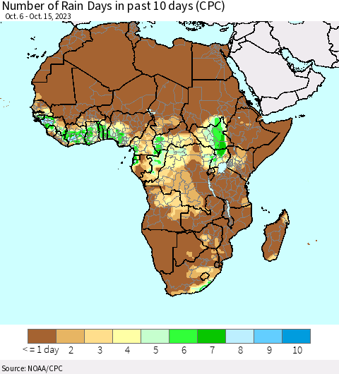 Africa Number of Rain Days in past 10 days (CPC) Thematic Map For 10/11/2023 - 10/15/2023