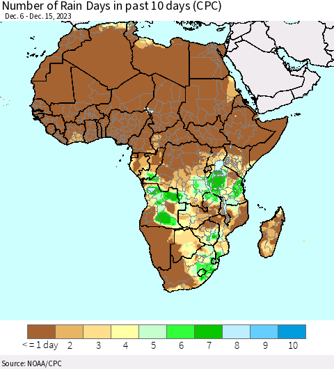 Africa Number of Rain Days in past 10 days (CPC) Thematic Map For 12/11/2023 - 12/15/2023