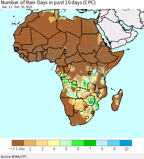 Africa Number of Rain Days in past 10 days (CPC) Thematic Map For 12/16/2023 - 12/20/2023