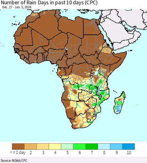Africa Number of Rain Days in past 10 days (CPC) Thematic Map For 1/1/2024 - 1/5/2024