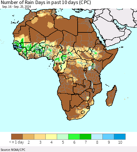 Africa Number of Rain Days in past 10 days (CPC) Thematic Map For 9/21/2024 - 9/25/2024