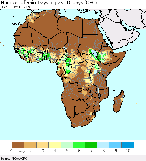 Africa Number of Rain Days in past 10 days (CPC) Thematic Map For 10/11/2024 - 10/15/2024
