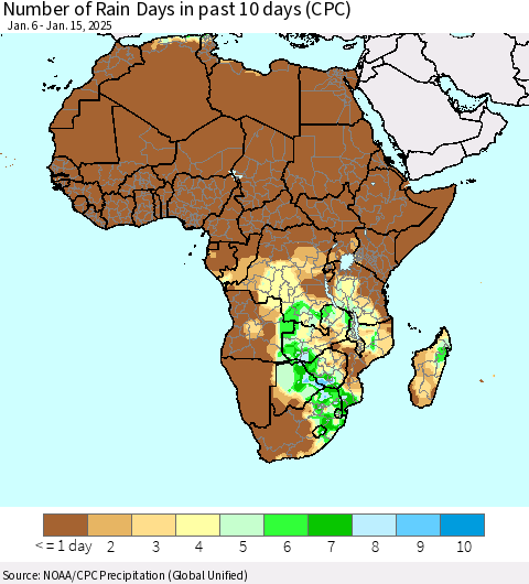 Africa Number of Rain Days in past 10 days (CPC) Thematic Map For 1/11/2025 - 1/15/2025