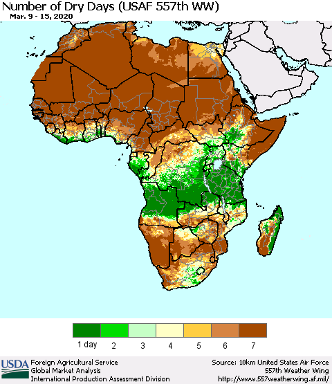 Africa Number of Dry Days (USAF 557th WW) Thematic Map For 3/9/2020 - 3/15/2020