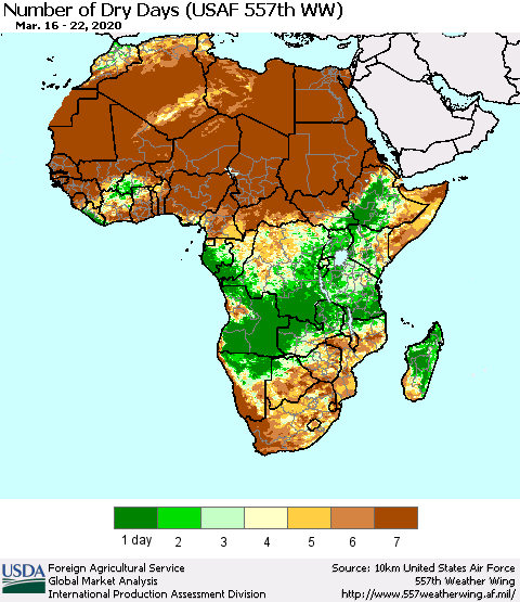 Africa Number of Dry Days (USAF 557th WW) Thematic Map For 3/16/2020 - 3/22/2020