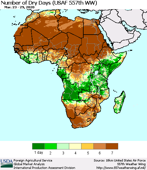 Africa Number of Dry Days (USAF 557th WW) Thematic Map For 3/23/2020 - 3/29/2020
