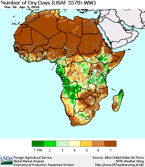 Africa Number of Dry Days (USAF 557th WW) Thematic Map For 3/30/2020 - 4/5/2020