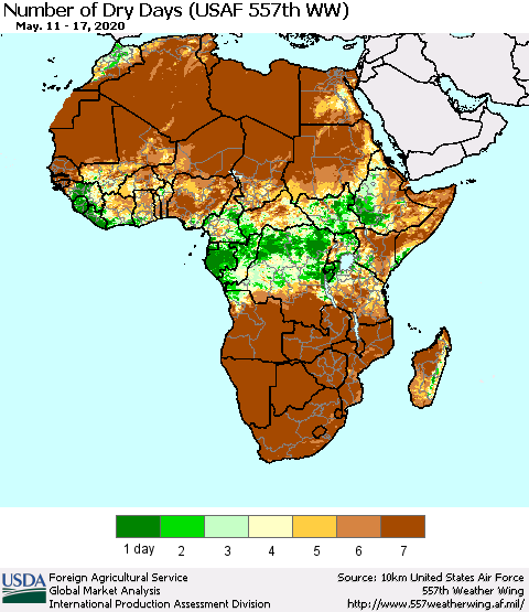 Africa Number of Dry Days (USAF 557th WW) Thematic Map For 5/11/2020 - 5/17/2020