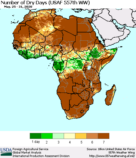 Africa Number of Dry Days (USAF 557th WW) Thematic Map For 5/25/2020 - 5/31/2020