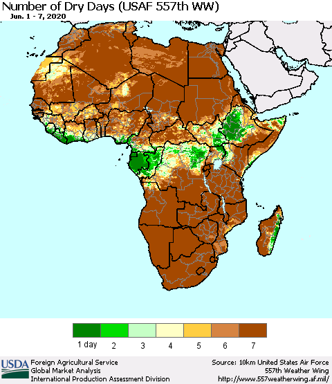 Africa Number of Dry Days (USAF 557th WW) Thematic Map For 6/1/2020 - 6/7/2020