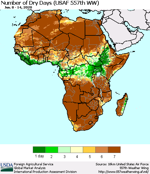 Africa Number of Dry Days (USAF 557th WW) Thematic Map For 6/8/2020 - 6/14/2020