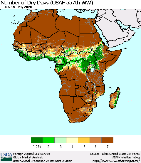 Africa Number of Dry Days (USAF 557th WW) Thematic Map For 6/15/2020 - 6/21/2020