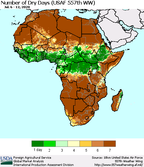 Africa Number of Dry Days (USAF 557th WW) Thematic Map For 7/6/2020 - 7/12/2020
