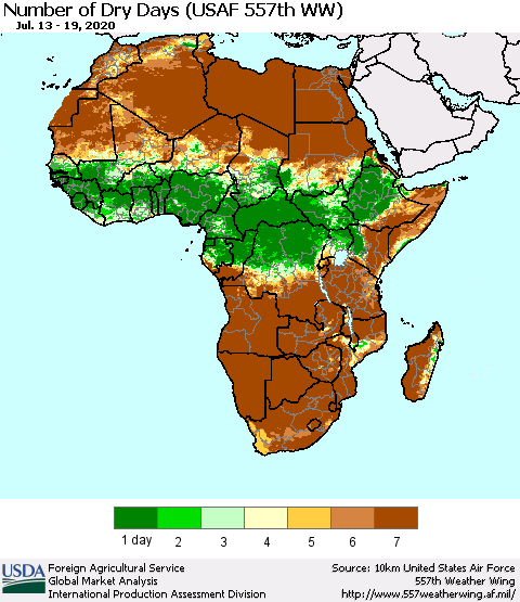 Africa Number of Dry Days (USAF 557th WW) Thematic Map For 7/13/2020 - 7/19/2020