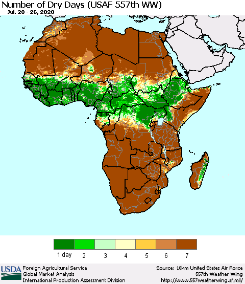 Africa Number of Dry Days (USAF 557th WW) Thematic Map For 7/20/2020 - 7/26/2020