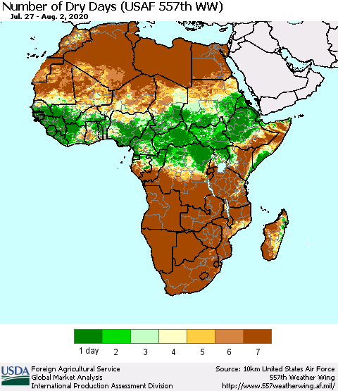Africa Number of Dry Days (USAF 557th WW) Thematic Map For 7/27/2020 - 8/2/2020