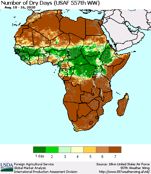 Africa Number of Dry Days (USAF 557th WW) Thematic Map For 8/10/2020 - 8/16/2020
