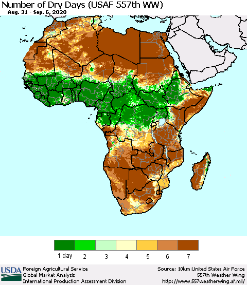 Africa Number of Dry Days (USAF 557th WW) Thematic Map For 8/31/2020 - 9/6/2020
