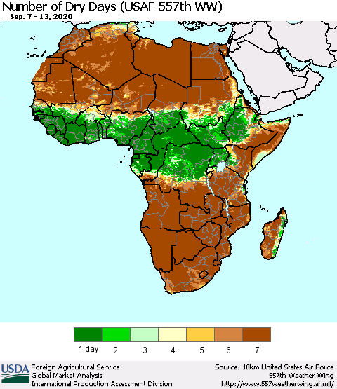 Africa Number of Dry Days (USAF 557th WW) Thematic Map For 9/7/2020 - 9/13/2020