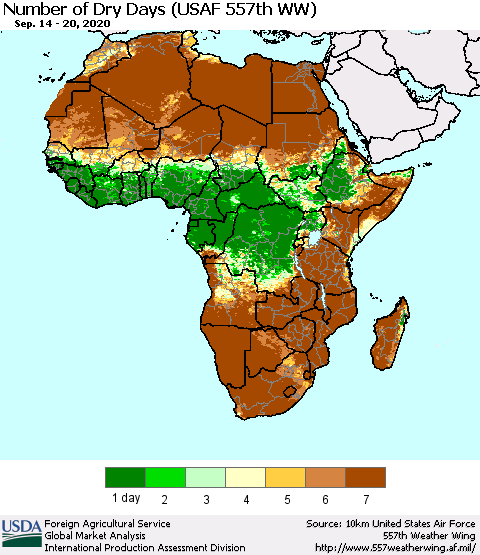 Africa Number of Dry Days (USAF 557th WW) Thematic Map For 9/14/2020 - 9/20/2020