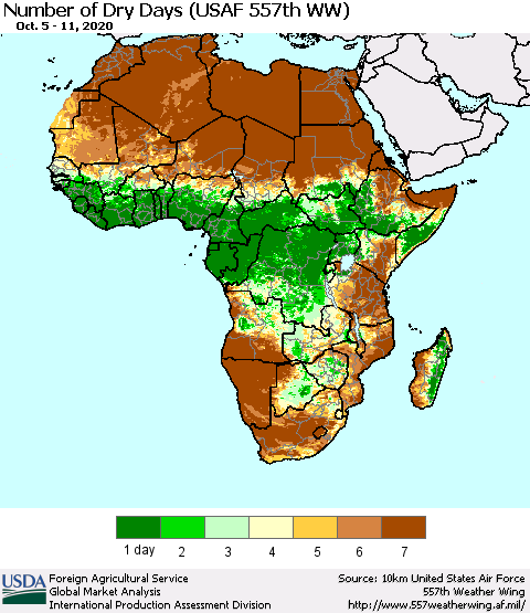 Africa Number of Dry Days (USAF 557th WW) Thematic Map For 10/5/2020 - 10/11/2020