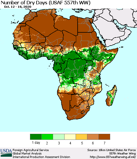 Africa Number of Dry Days (USAF 557th WW) Thematic Map For 10/12/2020 - 10/18/2020