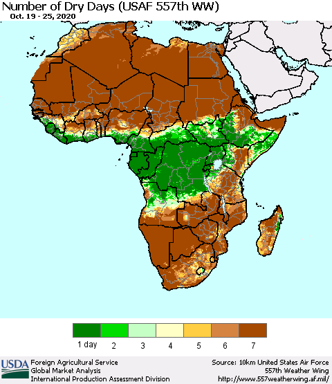 Africa Number of Dry Days (USAF 557th WW) Thematic Map For 10/19/2020 - 10/25/2020