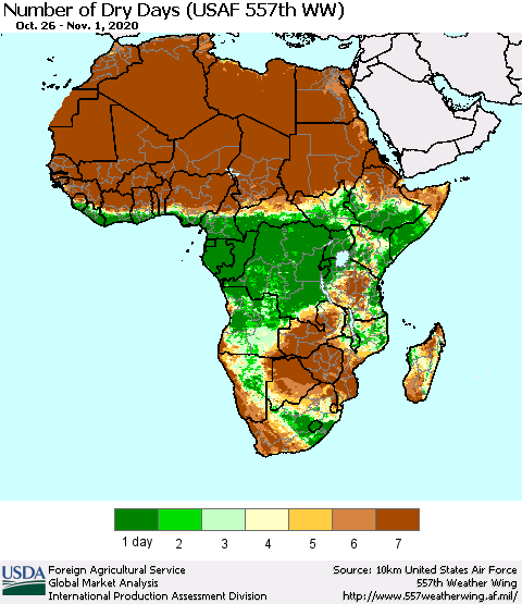Africa Number of Dry Days (USAF 557th WW) Thematic Map For 10/26/2020 - 11/1/2020