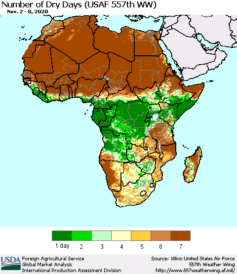 Africa Number of Dry Days (USAF 557th WW) Thematic Map For 11/2/2020 - 11/8/2020