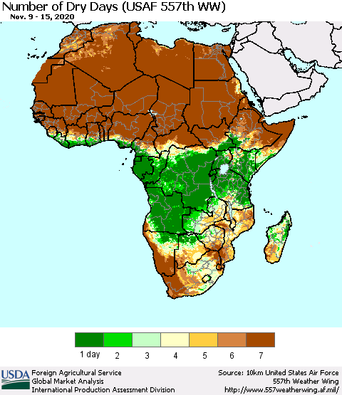 Africa Number of Dry Days (USAF 557th WW) Thematic Map For 11/9/2020 - 11/15/2020