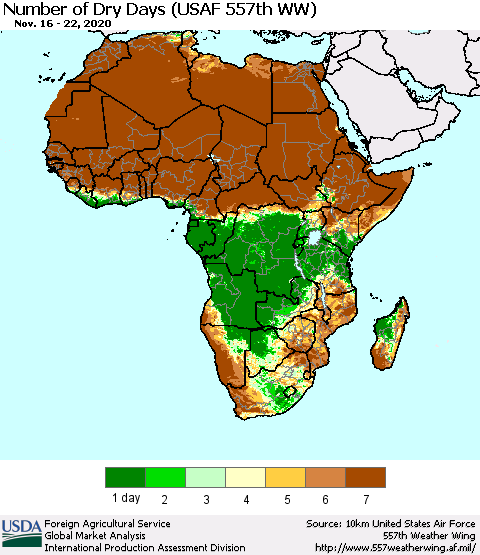 Africa Number of Dry Days (USAF 557th WW) Thematic Map For 11/16/2020 - 11/22/2020