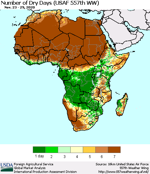 Africa Number of Dry Days (USAF 557th WW) Thematic Map For 11/23/2020 - 11/29/2020