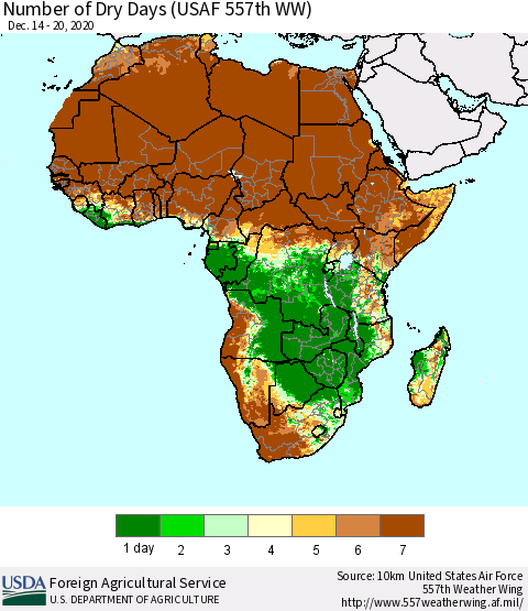 Africa Number of Dry Days (USAF 557th WW) Thematic Map For 12/14/2020 - 12/20/2020