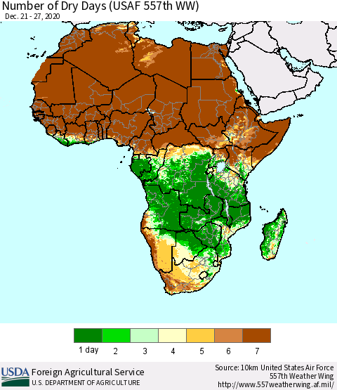Africa Number of Dry Days (USAF 557th WW) Thematic Map For 12/21/2020 - 12/27/2020
