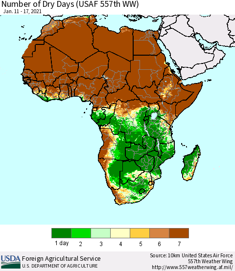 Africa Number of Dry Days (USAF 557th WW) Thematic Map For 1/11/2021 - 1/17/2021