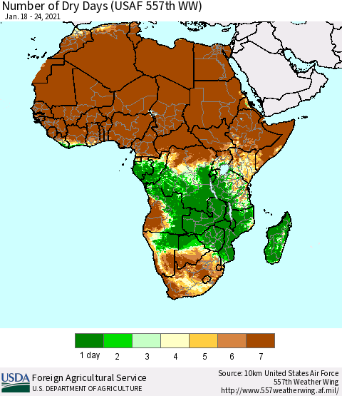 Africa Number of Dry Days (USAF 557th WW) Thematic Map For 1/18/2021 - 1/24/2021