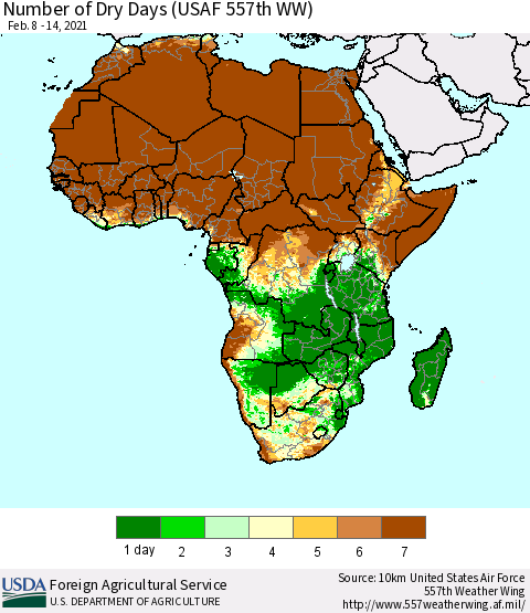 Africa Number of Dry Days (USAF 557th WW) Thematic Map For 2/8/2021 - 2/14/2021