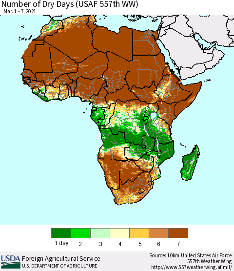 Africa Number of Dry Days (USAF 557th WW) Thematic Map For 3/1/2021 - 3/7/2021