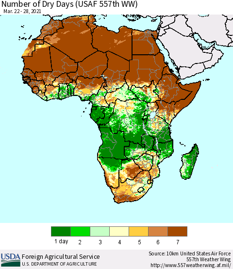 Africa Number of Dry Days (USAF 557th WW) Thematic Map For 3/22/2021 - 3/28/2021